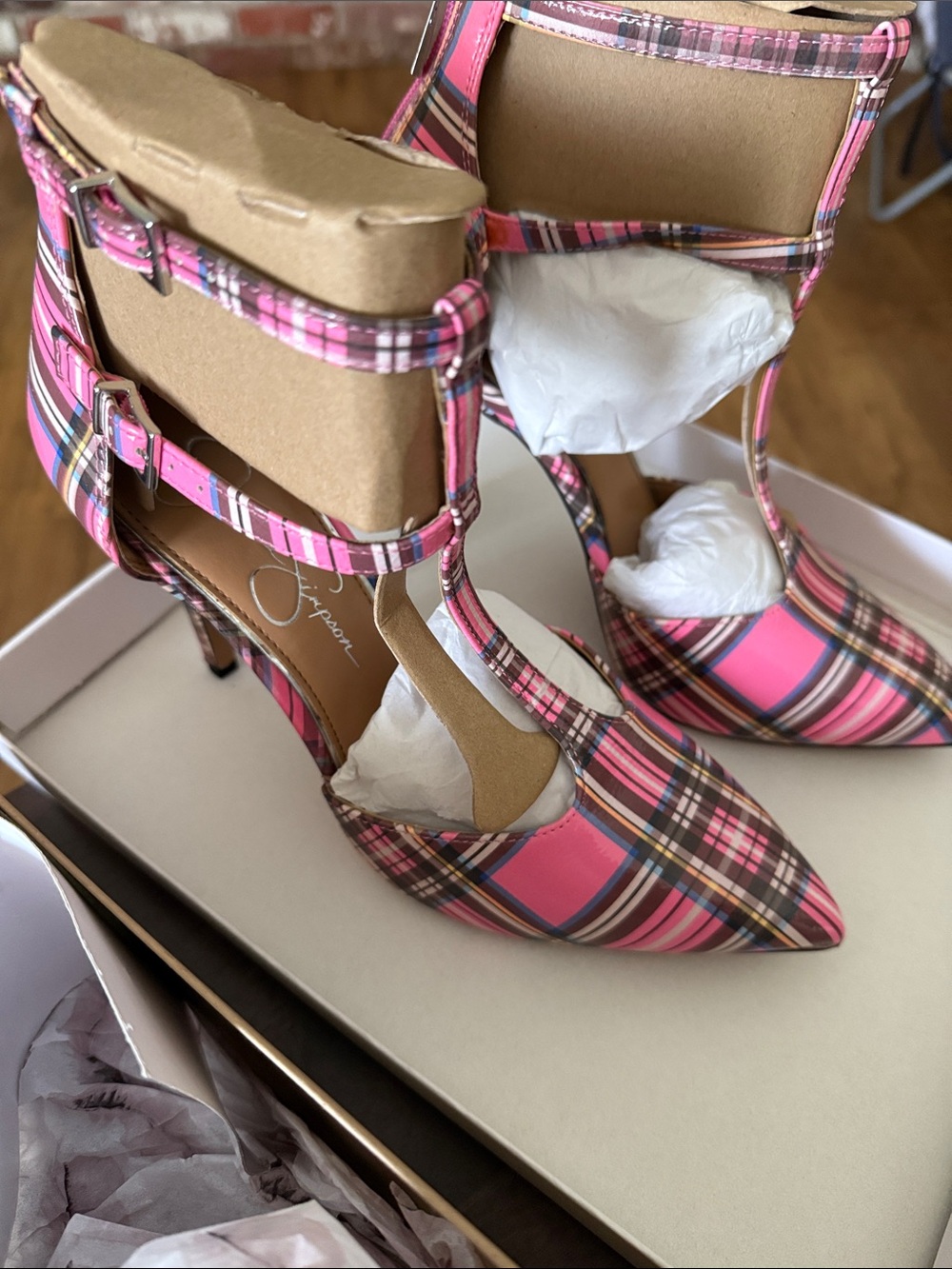 Jessica Simpson Pink Plaid Pointed T-Strap Heels